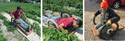 Left pic Ned Stoller in burgundy t-shirt & blue jeans sitting on cart made of 2 bicycle tires with piece of plywood slung low between them. Center pic of Ned lying down in bean rows on same cart. Rt pic - kneeling on cart balancing board between wheels